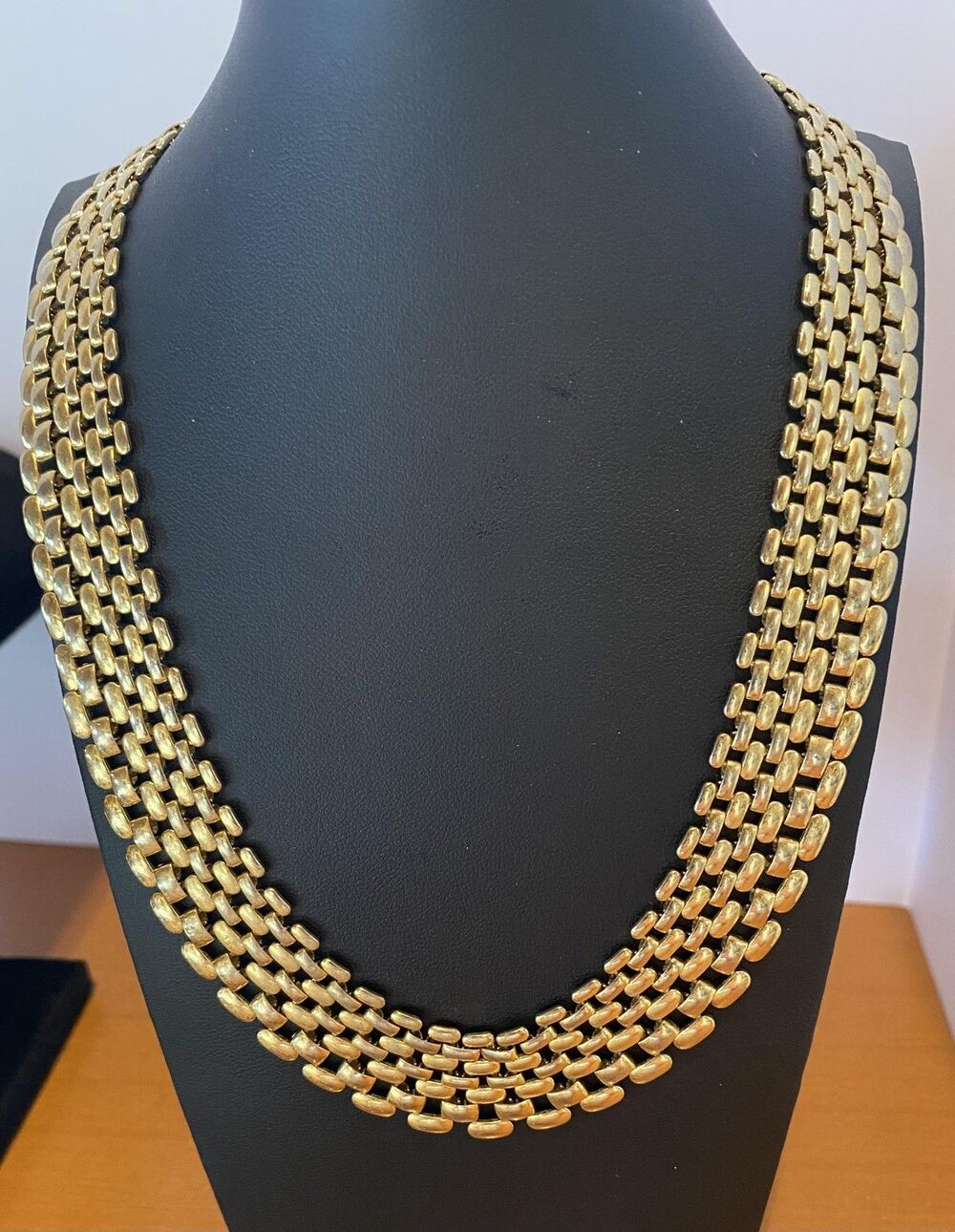 Gold Tone Multi Row Collar Necklace Box Clasp Textured Chain Statement Chunky